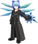  bad_id bad_pixiv_id black_coat_(kingdom_hearts) blue_hair bow cirno cosplay full_body gloves hair_bow kingdom_hearts kotubu organization_xiii power_connection shield short_hair solo touhou transparent_background vexen vexen_(cosplay) 