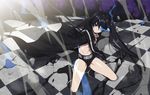  absurdres bikini_top black_hair black_rock_shooter black_rock_shooter_(character) blue_eyes boots burning_eye coat highres horarezonu legs long_hair scar shorts solo sword twintails weapon zipper 