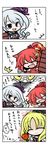  4koma ^_^ blonde_hair blue_eyes blush closed_eyes comic eating_contest fang food hair_ornament highres horns multiple_girls open_mouth pixiv_fantasia pixiv_fantasia_5 red_hair silver_hair smile tongs translated yanagi_(nurikoboshi) 