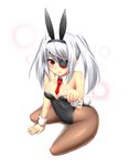  animal_ears bare_shoulders blush bunny_ears bunny_girl bunny_tail bunnysuit eyepatch eyes hairband infinite_stratos laura_bodewig leotard long_hair pantyhose red_eyes silver_hair simple_background sitting smile solo surume_(clavis) tail twintails wariza white_hair wrist_cuffs 