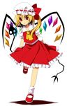  ascot bad_id bad_pixiv_id blonde_hair dress flandre_scarlet hat hat_ribbon highres konase_(non_stop!) laevatein mary_janes red_eyes ribbon shoes side_ponytail smile solo touhou wings 
