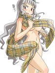  bad_id bad_pixiv_id blush breasts censored convenient_censoring idolmaster idolmaster_(classic) large_breasts long_hair naked_scarf nude open_mouth plaid plaid_scarf punto red_eyes scarf shijou_takane silver_hair simple_background solo 