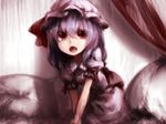  all_fours bed blue_hair canopy_bed cushion dress fang hat junwool open_mouth pink_dress red_eyes remilia_scarlet solo touhou 