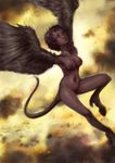  25d background breasts female flying hair harpy navel nude short_hair solo tail wings 