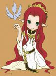  bad_id bad_pixiv_id bare_shoulders belt bird brown_background choker dress full_body green_eyes hair_ornament hairpin inanna_(tales) kirie kneeling long_hair pointy_ears ponytail red_hair simple_background smile solo tales_of_(series) tales_of_innocence very_long_hair white_dress 