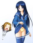  akiyama_mio blood blue_eyes blue_hair chibi chibi_inset cosplay hayashiya_zankurou highres imaichi_moenai_ko imaichi_moenai_ko_(cosplay) jumping k-on! kobe_shinbun long_hair multiple_girls nosebleed panties school_uniform serafuku skirt skirt_lift striped striped_panties tainaka_ritsu thighhighs underwear 