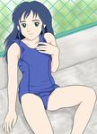  1girl 80s bad_anatomy black_hair blue_hair chain-link_fence fence green_eyes loli long_hair looking_at_viewer nippon_animation oldschool one-piece_swimsuit outdoors princess_sarah sarah_crewe school_swimsuit smile solo swimsuit world_masterpiece_theater 