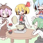  :d :o ^_^ animal_ears antennae bad_id bad_pixiv_id blonde_hair blue_eyes blue_hair blush bowl cape cirno closed_eyes crossed_arms eyebrows fang fire green_hair hat head_tilt hotpot kneeling ladle multiple_girls mystia_lorelei one_eye_closed open_mouth oven_mitts pot purple_eyes purple_hair red_eyes rumia short_hair smile steam stove sweatdrop table team_9 thick_eyebrows touhou vest wavy_mouth wriggle_nightbug yuragi_(nukomomo) 