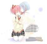 2girls blue_hair blush closed_eyes commentary_request crying ghost highres kaname_madoka mahou_shoujo_madoka_magica mahou_shoujo_madoka_magica_(anime) miki_sayaka mitakihara_school_uniform miyama_rikka multiple_girls pink_hair school_uniform short_hair short_twintails spoilers tears thighhighs twintails 
