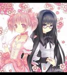  akemi_homura black_hair bow cherry_blossoms choker dango food glasses gloves hair_bow hairband highres jewelry kaname_madoka kyubey letterboxed long_hair looking_at_viewer magical_girl mahou_shoujo_madoka_magica multiple_girls neck_ribbon petals pink_eyes pink_hair puffy_sleeves red-framed_eyewear red_choker ribbon short_hair short_twintails smile twintails verjuice very_long_hair wagashi when_you_see_it 