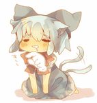  =_= animal_ears bad_id bad_pixiv_id blue_dress bow cat_ears cat_tail chibi cirno dress drooling hair_bow kemonomimi_mode masirosu multiple_tails solo tail tail_wagging touhou 