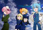  aircraft airplane black_hair blonde_hair blue_eyes blue_hair bun_cover canards cirno cloud crossed_arms drill_hair fighter_jet hair_bun hair_ribbon hands_on_hips ibaraki_kasen jet jumpsuit luna_child mig-29 military military_uniform military_vehicle multiple_girls necktie open_mouth patch pink_hair prosthesis red_eyes ribbon sakurato_tsuguhi short_hair short_twintails sky star_sapphire sunny_milk touhou twintails uniform 