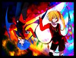  alternate_costume armband bad_id bad_pixiv_id bat_wings blonde_hair blue_hair contemporary flandre_scarlet highres kurono_yuu long_hair long_sleeves multiple_girls necktie no_hat no_headwear over-kneehighs pants pentagram red_eyes remilia_scarlet short_hair shorts siblings side_ponytail sisters slit_pupils star thighhighs touhou upside-down vest wings 