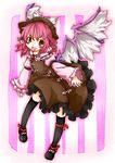  animal_ears black_legwear brown_eyes dress fang hat highres mystia_lorelei open_mouth osa_(ppitch) over-kneehighs pink_hair short_hair smile solo striped striped_background thighhighs touhou wings zettai_ryouiki 