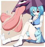  absurdres bad_id bad_pixiv_id blue_hair blush heterochromia highres nekoman_(nukomann) sitting skirt socks solo tatara_kogasa tongue touhou 