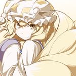  bad_id bad_pixiv_id blonde_hair fox_tail hands_in_opposite_sleeves hat ippaiccha multiple_tails smile solo tail tassel touhou upper_body yakumo_ran yellow_eyes 