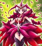  armor black_rose_dragon bunji center_opening dress duel_monster gloves grey_hair long_hair personification petals purple_eyes red solo yuu-gi-ou yuu-gi-ou_5d's 