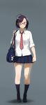  bag black_hair bra glasses green_eyes grey_background highres lingerie necktie original pleated_skirt purple_hair school_bag school_uniform see-through shiny shiny_skin shirt short_hair simple_background skirt sleeves_rolled_up socks solo standing twinpoo underwear white_shirt 