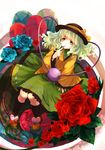  :o absurdres awa_toka black_legwear blue_flower blue_rose finger_to_mouth flower from_above green_eyes green_hair hat highres kneehighs komeiji_koishi looking_up nail_polish red_flower red_rose rose short_hair sitting solo touhou 