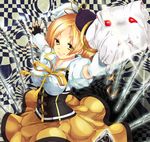  beret blonde_hair breasts checkered distortion drill_hair fingerless_gloves gloves hat houkagi_yuu kyubey large_breasts magical_girl mahou_shoujo_madoka_magica puffy_sleeves tomoe_mami twintails 