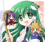  blonde_hair blush chakram frog gohei green_eyes green_hair hair_ornament hat kochiya_sanae long_hair minigirl moriya's_iron_rings moriya_suwako multiple_girls purple_hair rope s_nyaau shimenawa short_hair snake thighhighs touhou weapon white_legwear yasaka_kanako 