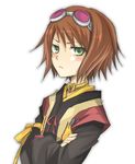  blush brown_hair crossed_arms frown goggles goggles_on_head green_eyes kawamura_raichi lowres rita_mordio short_hair solo tales_of_(series) tales_of_vesperia upper_body white_background 