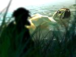  afloat blurry brown_eyes brown_hair depth_of_field grass kappa nude original rokusho solo_focus water 