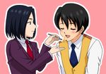  1girl androgynous blush couple feeding hetero kujou_subaru nuu_hihi sakura_taisen sakura_taisen_v taiga_shinjirou 