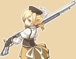  bad_id bad_pixiv_id blonde_hair drill_hair fingerless_gloves from_behind gloves gun hat long_hair magical_girl magical_musket mahou_shoujo_madoka_magica rifle simple_background solo tamute_(2580rs) tomoe_mami twin_drills twintails weapon yellow_eyes 