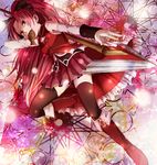 arm_up bad_id bad_pixiv_id bare_shoulders boots detached_sleeves fang food mahou_shoujo_madoka_magica mouth_hold nishin_(azu_m) outstretched_arm polearm ponytail red_eyes red_hair sakura_kyouko solo spear taiyaki thighhighs wagashi weapon 