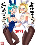  2girls android_18 angry animal_ears bare_shoulders blonde_hair blue_eyes blue_ribbon blush bow bow_tie bowtie breasts bulma bunny_ears bunny_tail bunnysuit cleavage dragon_ball dragonball dragonball_z e_rondon_boots earrings female green_hair happy jewelry leotard long_hair multiple_girls open_mouth pantyhose ribbon short_hair tail white_ribbon 