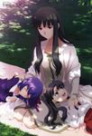  absurdres black_eyes black_hair blue_eyes blush closed_eyes dappled_sunlight fate/zero fate_(series) hair_ribbon highres lap_pillow long_hair lying matou_sakura megami mother_and_daughter multiple_girls non-web_source official_art open_mouth outdoors purple_hair ribbon scan seiza shade siblings sisters sitting sunlight toosaka_aoi toosaka_rin tree_shade very_long_hair yamazaki_miki 