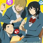  2boys anger_vein bad_id bad_pixiv_id black_eyes black_hair blonde_hair bob_cut book breasts brown_eyes chair closed_eyes durarara!! frown glasses kida_masaomi large_breasts multiple_boys musical_note pleated_skirt ryuugamine_mikado school_uniform short_hair sitting skirt sonohara_anri sweatdrop tadataka 