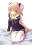  bangs blonde_hair blush eyebrows_visible_through_hair jewelry long_hair long_sleeves looking_at_viewer nanashi_(soregashi) necklace original seiza sitting solo thighhighs two_side_up white_legwear yellow_eyes zettai_ryouiki 