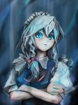  blue blue_eyes braid crossed_arms glowing glowing_eyes izayoi_sakuya looking_at_viewer maid nartanz short_hair silver_hair solo touhou twin_braids upper_body 