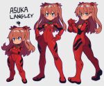  1girl ass blue_eyes blush bodysuit bright_pupils brown_hair character_name chibi closed_mouth crossed_arms hands_on_hips long_hair looking_at_viewer neon_genesis_evangelion plugsuit pout red_bodysuit slammo solo souryuu_asuka_langley white_pupils 
