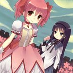  akemi_homura black_eyes black_hairband blonde_hair bubble_skirt dutch_angle full_moon hairband hinuki_marina kaname_madoka light_smile long_hair magical_girl mahou_shoujo_madoka_magica moon multiple_girls pink_eyes pink_hair short_hair skirt sky twintails 