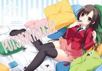  bad_id bad_pixiv_id bed black_legwear blush brown_eyes brown_hair copyright_request embarrassed frills itou_nanami legs long_hair necktie photo_(object) pillow school_uniform sitting skirt solo thighhighs 