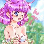  80s blue_eyes blush bra creamy_mami drill_hair idol lowres magical_girl mahou_no_tenshi_creamy_mami oekaki oldschool purple_hair underwear undress undressing wink 