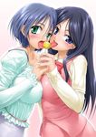  2girls black_hair blue_eyes blue_hair breast_press breasts candy green_hair hand_holding happy holding incipient_kiss licking lollipop long_hair multiple_girls open_mouth ribbon short_hair source_request symmetrical_docking tongue yuri 