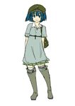  arms_behind_back bag blue_eyes blue_hair boots casual contemporary dress hat kawashiro_nitori key kitsune_(kazenouta) rubber_boots short_hair simple_background smile solo standing thigh_boots thighhighs touhou two_side_up white_background 