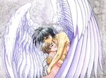  bare_shoulders black_hair breasts brown_hair couple eyes_closed happy hug kanzaki_hitomi love nude pendant red_eyes short_hair sideboob smile tagme tenkuu_no_escaflowne van_fanel wings 