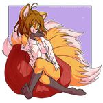  bean_bag brown_hair canine female firekitty fox hair kitsune looking_at_viewer multiple_tails nude open_shirt orange shirt short_brown_hair short_hair sitting solo tail 