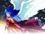  1girl angel_wings blue_hair breasts breath_of_fire breath_of_fire_ii closed_mouth commentary_request dress gloves jewelry long_hair mina_wyndia solo ten&#039;aki_risu white_wings wings 