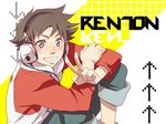  blue_eyes brown_hair directional_arrow eureka_seven eureka_seven_(series) grin headphones male_focus raglan_sleeves renton_thurston smile solo v zoff_(daria) 