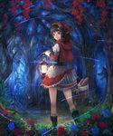  basket big_bad_wolf_(grimm) black_hair blue_flower blue_rose bread flower food forest from_behind lantern little_red_riding_hood little_red_riding_hood_(grimm) looking_back matsumoto_mitsuaki nature red_eyes red_flower red_rose rose short_hair solo tree 