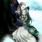  1girl android aqua_background armor blush closed_eyes couple dress full_body gloves green_hair grey_hair hetero hug kunzite_(tales) long_hair mina03 richea_spodune sidelocks sitting smile tales_of_(series) tales_of_hearts tiara tree very_long_hair white_dress 