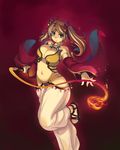  breasts brown_hair cleavage detached_sleeves fire gypsy_(ragnarok_online) harem_pants large_breasts midriff navel pants ragnarok_online ribbon sandals solo twintails whip xration 