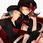  1girl alternate_costume brown_eyes brown_hair clothes_writing cosplay gloves green_hair hat jikei kotone_(pokemon) lance_(pokemon) pokemon pokemon_(game) pokemon_hgss smile spoilers team_rocket team_rocket_uniform twintails 