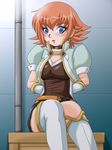  arms_behind_back asymmetrical_clothes bakugan bakugan_new_vestroia blue_eyes boots breasts choker earrings jewelry medium_breasts mira_fermen open_mouth orange_hair short_hair thighhighs white_legwear 